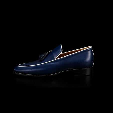 Aquila Navy Blue Leather Tasseled Moccasin Loafers