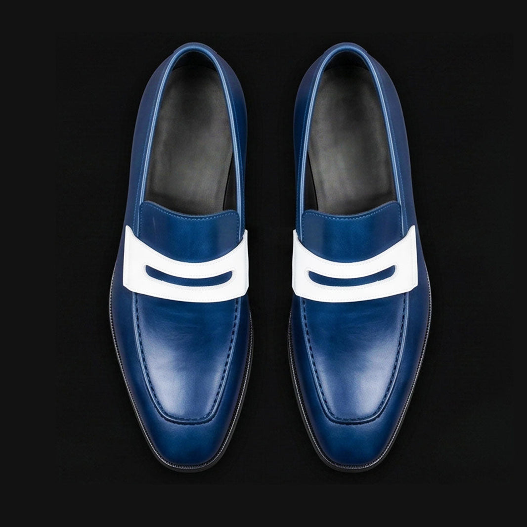 Avellino Navy Blue & White Leather Penny Loafers