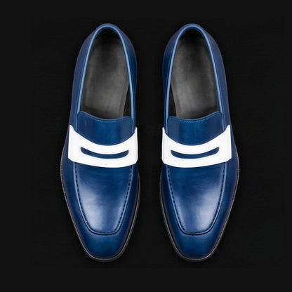 Avellino Navy Blue & White Leather Penny Loafers