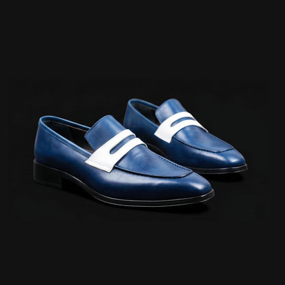 Avellino Navy Blue & White Leather Penny Loafers