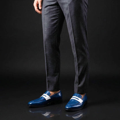 Avellino Navy Blue & White Leather Penny Loafers