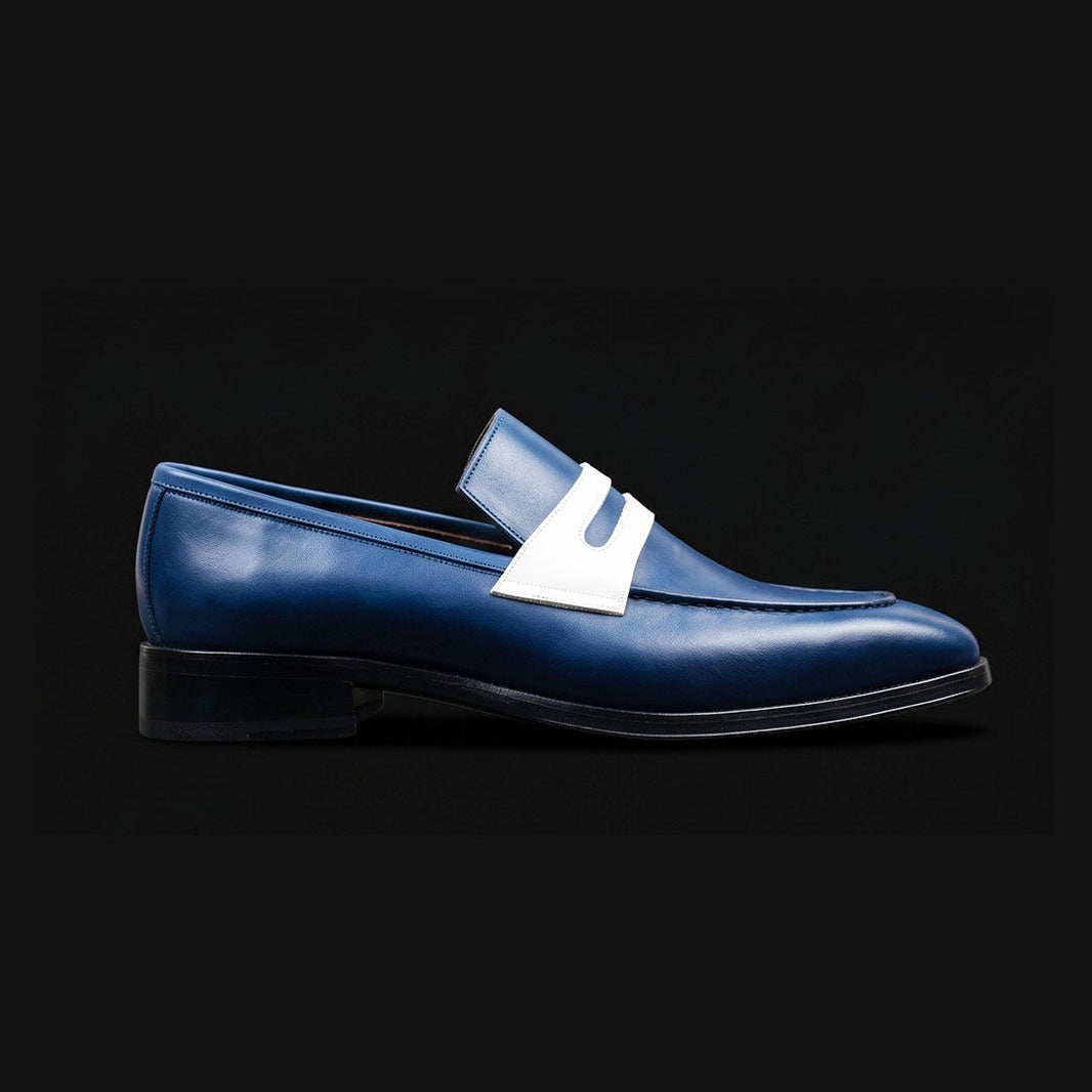 Avellino Navy Blue & White Leather Penny Loafers