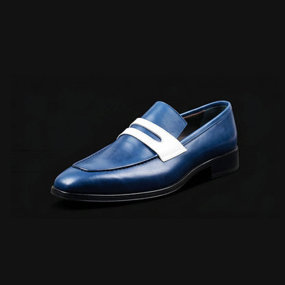 Avellino Navy Blue & White Leather Penny Loafers
