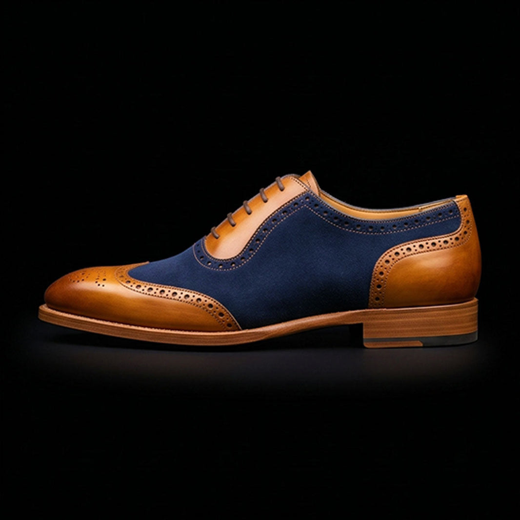 Spoleto Tan & Navy Blue Suede Leather Wingtip Shoes