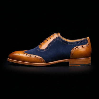 Spoleto Tan & Navy Blue Suede Leather Wingtip Shoes