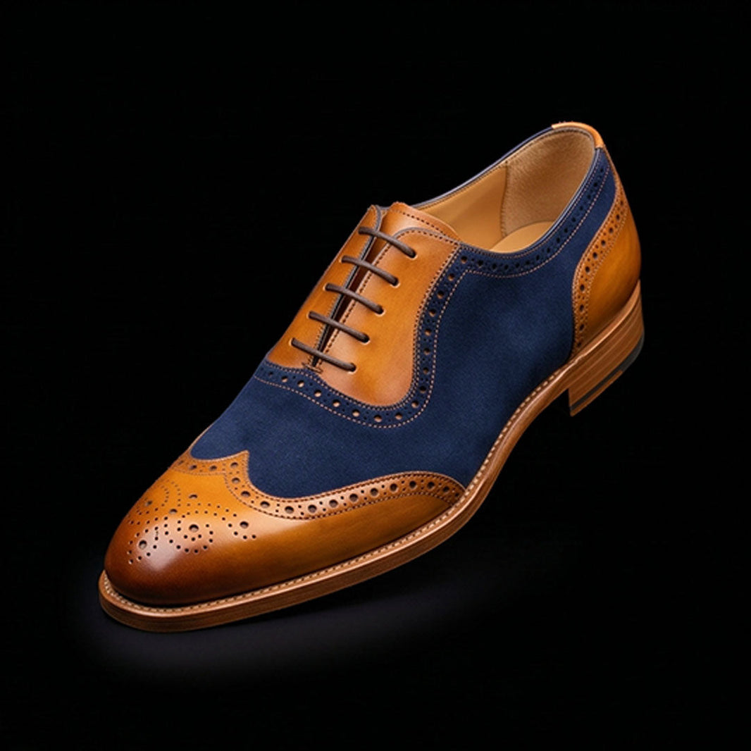 Spoleto Tan & Navy Blue Suede Leather Wingtip Shoes