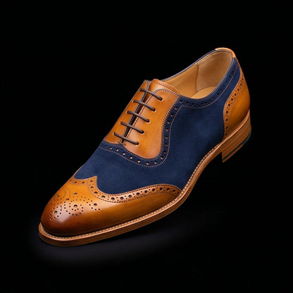 Spoleto Tan & Navy Blue Suede Leather Wingtip Shoes