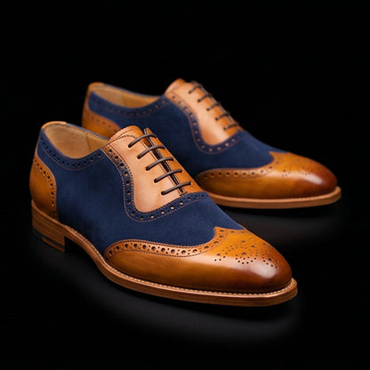 Spoleto Tan & Navy Blue Suede Leather Wingtip Shoes