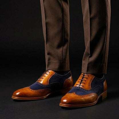 Spoleto Tan & Navy Blue Suede Leather Wingtip Shoes