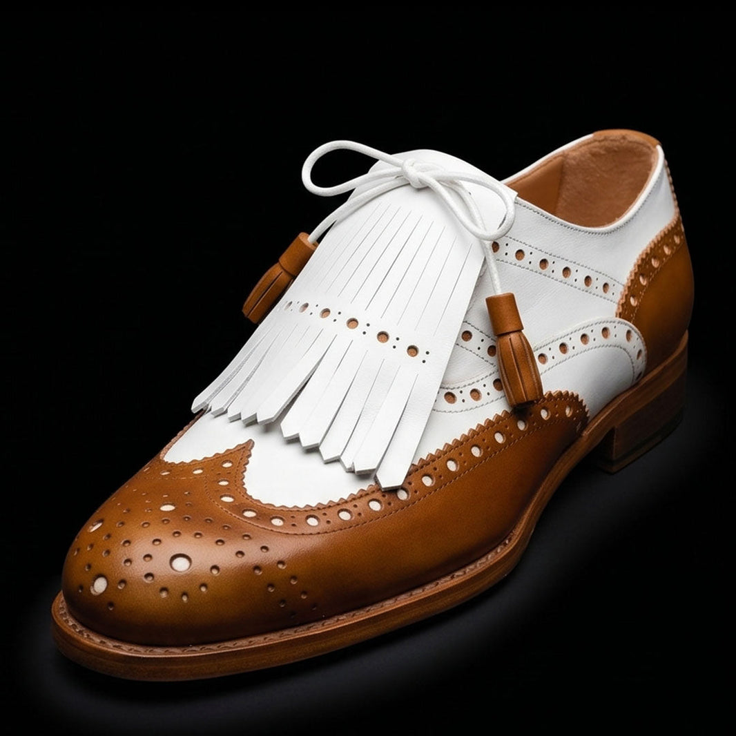 Bra Tan Brown & White Leather Fringed Wingtip Shoes