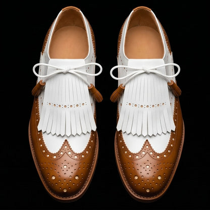 Bra Tan Brown & White Leather Fringed Wingtip Shoes