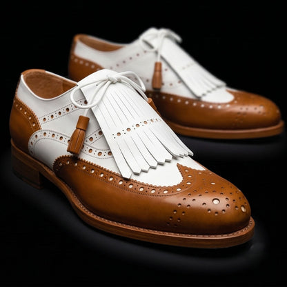 Bra Tan Brown & White Leather Fringed Wingtip Shoes