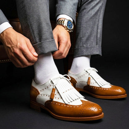 Bra Tan Brown & White Leather Fringed Wingtip Shoes