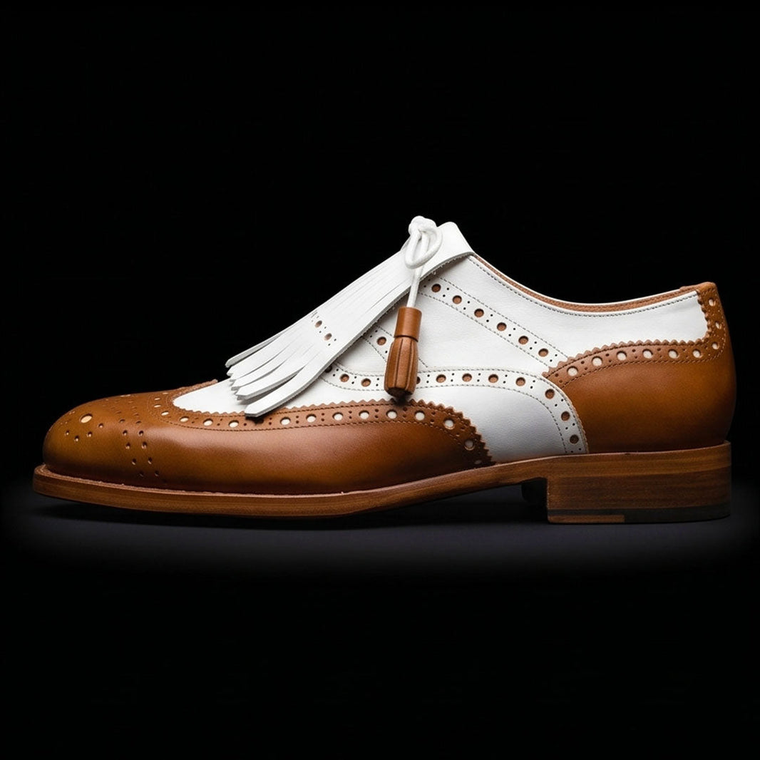 Bra Tan Brown & White Leather Fringed Wingtip Shoes