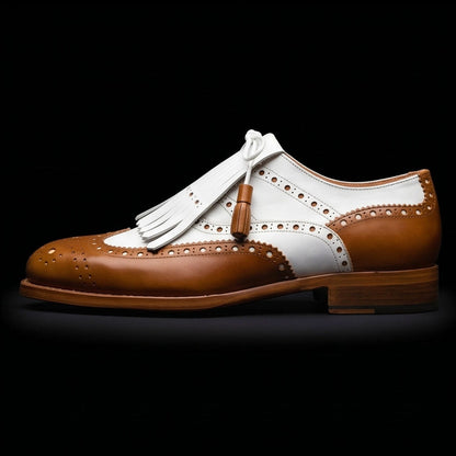 Bra Tan Brown & White Leather Fringed Wingtip Shoes