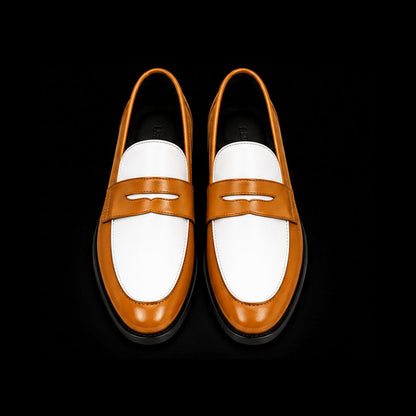 Nuoro Tan Brown & White Leather Penny Loafers