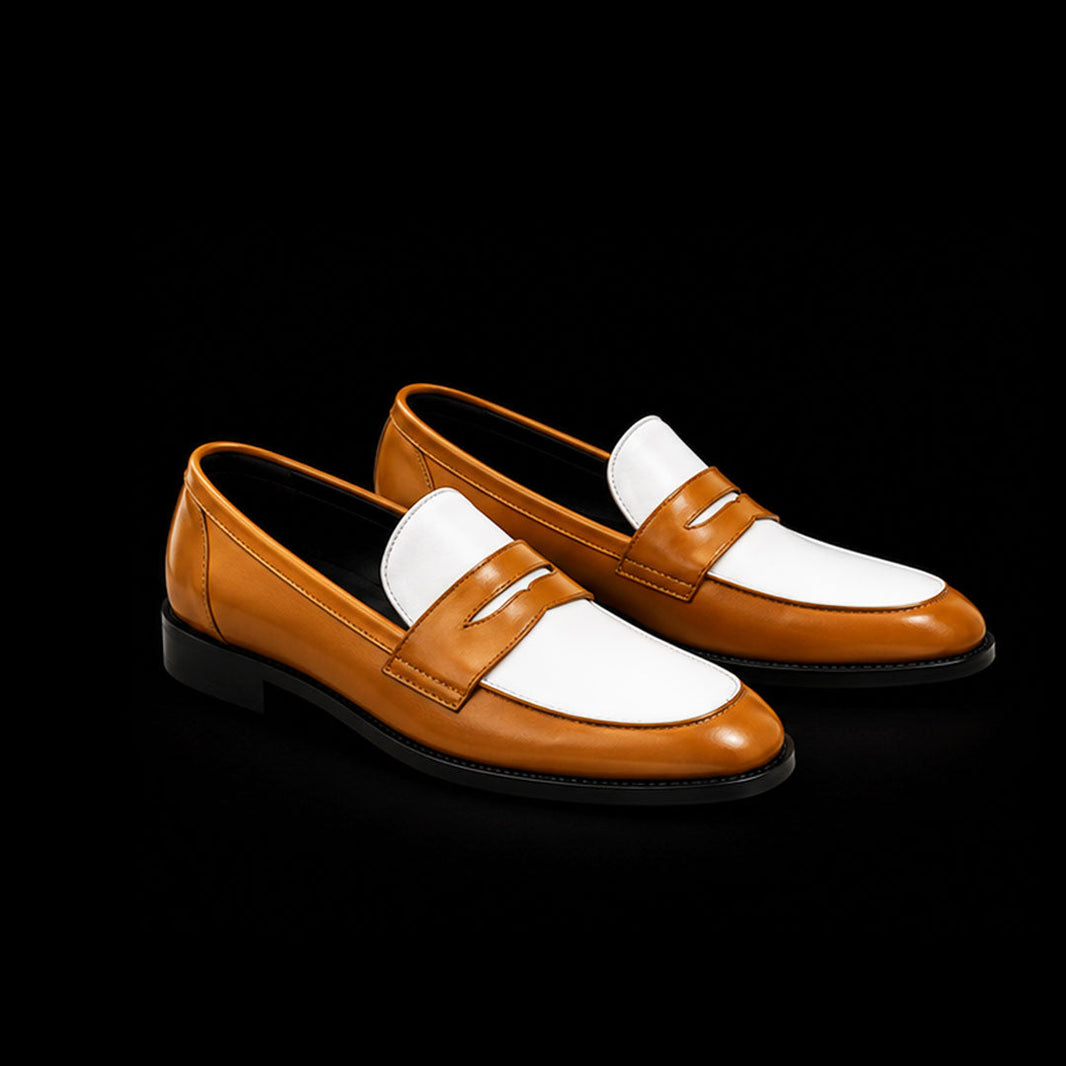 Nuoro Tan Brown & White Leather Penny Loafers