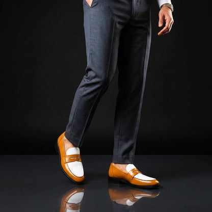 Nuoro Tan Brown & White Leather Penny Loafers