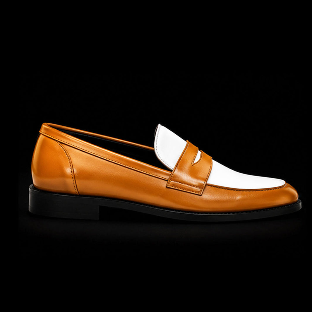 Nuoro Tan Brown & White Leather Penny Loafers
