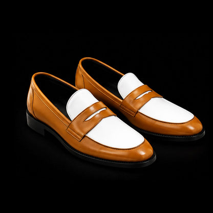 Nuoro Tan Brown & White Leather Penny Loafers