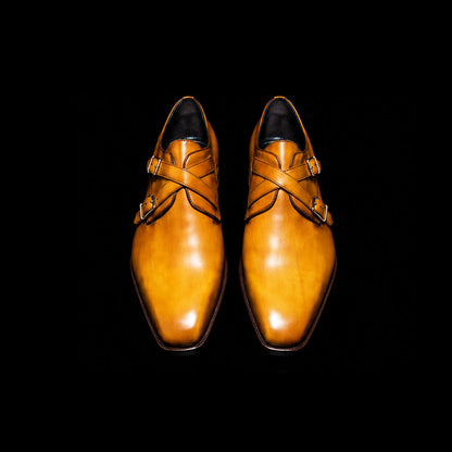 Pavia Tan Yellow Patina Leather Cross Monk Shoes