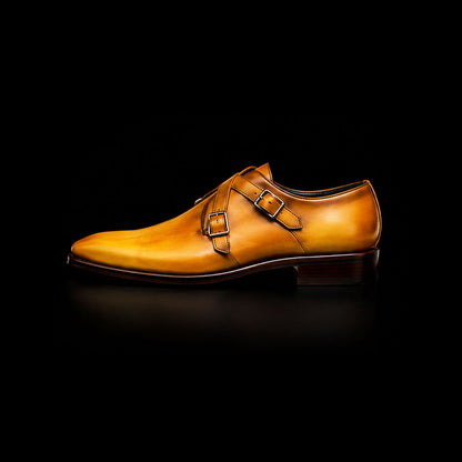 Pavia Tan Yellow Patina Leather Cross Monk Shoes