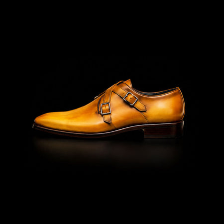 Pavia Tan Yellow Patina Leather Cross Monk Shoes