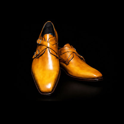 Pavia Tan Yellow Patina Leather Cross Monk Shoes