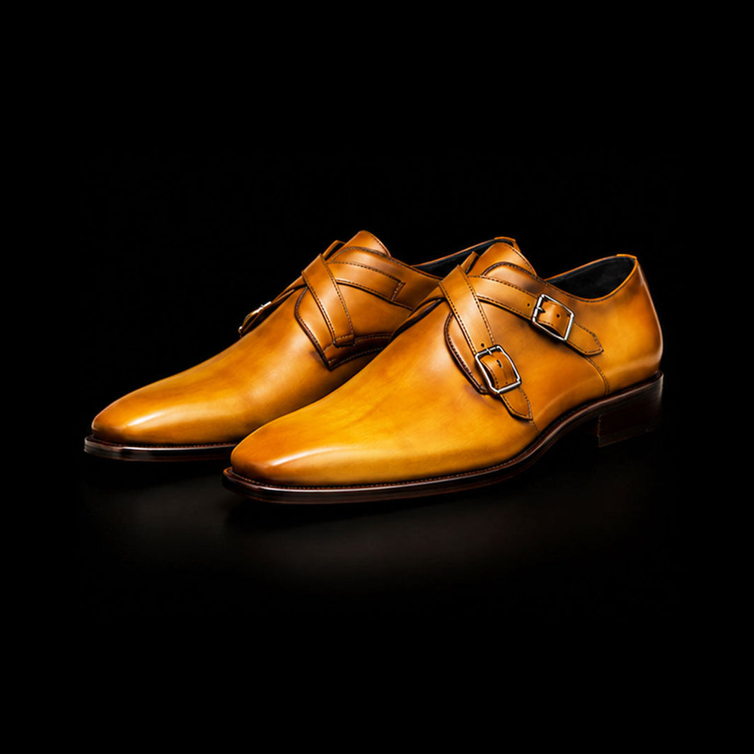 Pavia Tan Yellow Patina Leather Cross Monk Shoes
