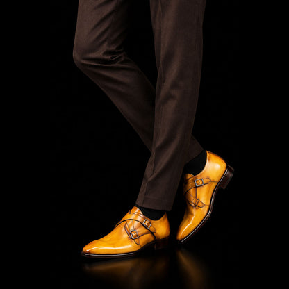 Pavia Tan Yellow Patina Leather Cross Monk Shoes