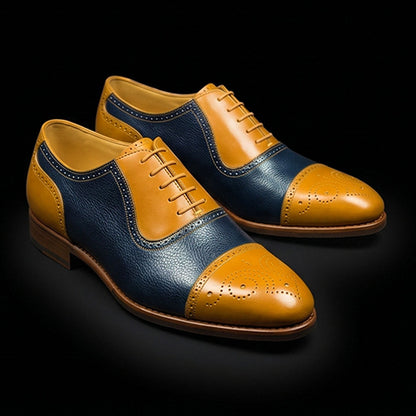 Agrigento Tan & Navy Blue Leather Brogue Cap Toe Oxford Shoes