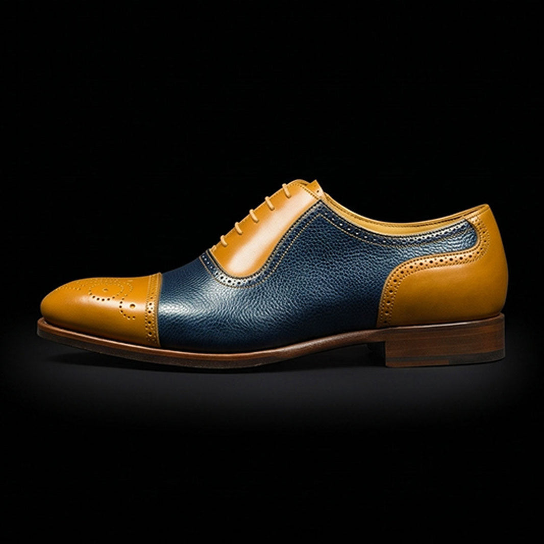 Agrigento Tan & Navy Blue Leather Brogue Cap Toe Oxford Shoes
