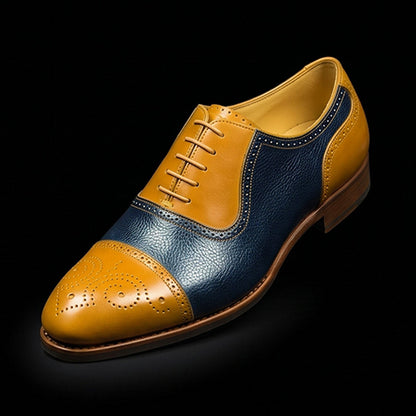 Agrigento Tan & Navy Blue Leather Brogue Cap Toe Oxford Shoes