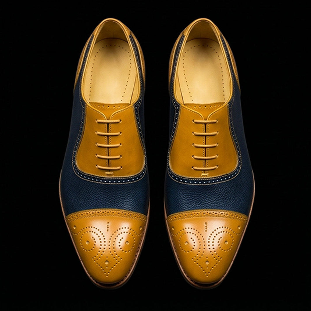 Agrigento Tan & Navy Blue Leather Brogue Cap Toe Oxford Shoes