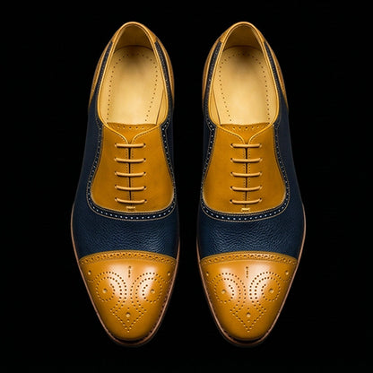Agrigento Tan & Navy Blue Leather Brogue Cap Toe Oxford Shoes