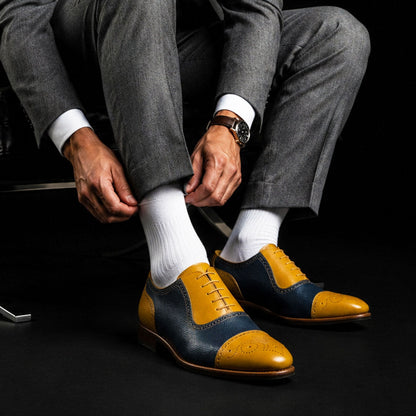 Agrigento Tan & Navy Blue Leather Brogue Cap Toe Oxford Shoes