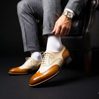 Orvieto Tan & White Leather Wingtip Dress Shoes