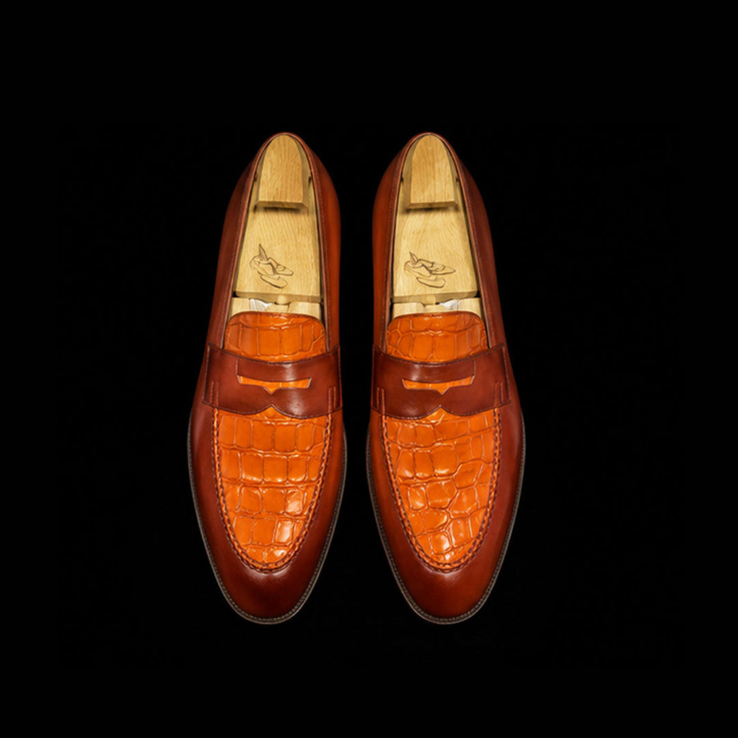 Novi Ligure Two Tone Tan Brown Alligator Leather Penny Loafers