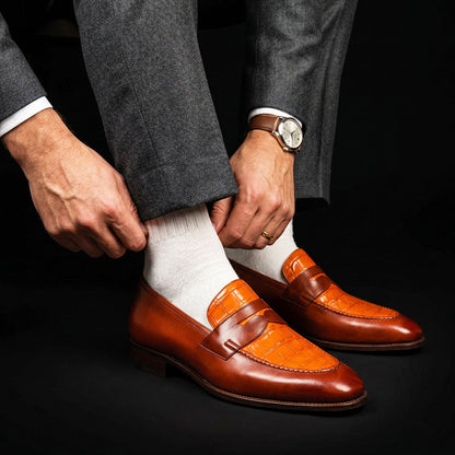 Novi Ligure Two Tone Tan Brown Alligator Leather Penny Loafers