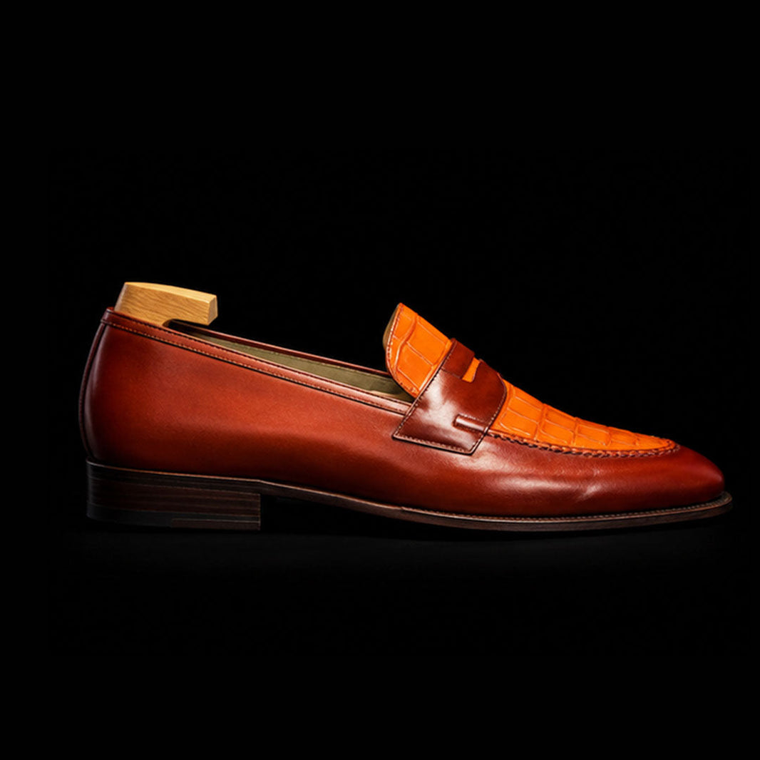 Novi Ligure Two Tone Tan Brown Alligator Leather Penny Loafers