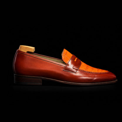 Novi Ligure Two Tone Tan Brown Alligator Leather Penny Loafers