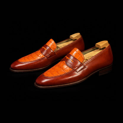 Novi Ligure Two Tone Tan Brown Alligator Leather Penny Loafers