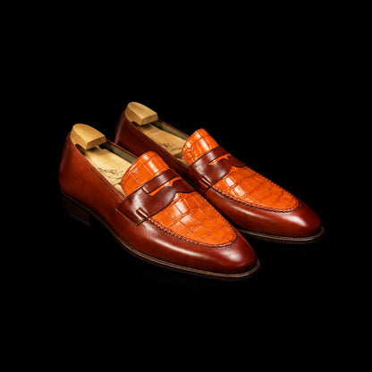 Novi Ligure Two Tone Tan Brown Alligator Leather Penny Loafers