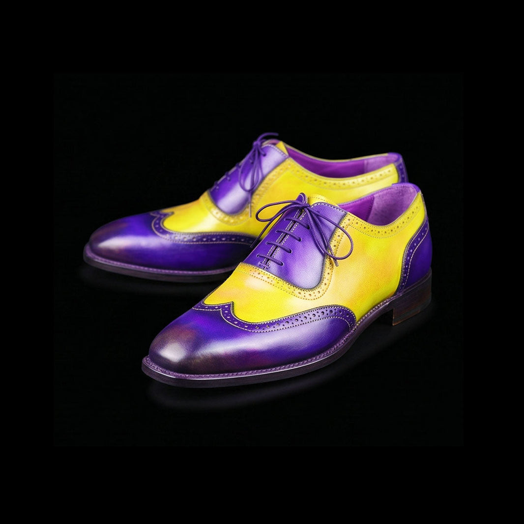 Ferrara Yellow & Blue Leather Wingtip Oxford Shoes