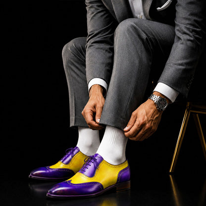 Ferrara Yellow & Blue Leather Wingtip Oxford Shoes