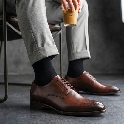 Milano derby in dark brown leather with square toe with design
