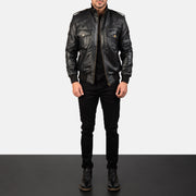 Agent Shadow Black Leather Bomber Jacket