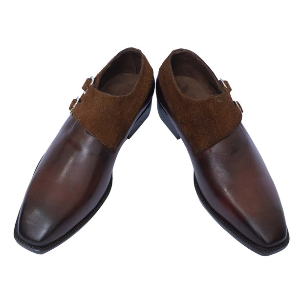 Handmade Men's Brown Patina Leather Double Monk Shoes