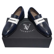 Men's Navy Blue & White Leather Penny Loafers