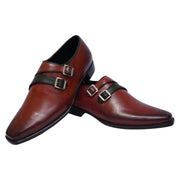 Handmade Men's Brown Patina Leather Double Monk Shoes